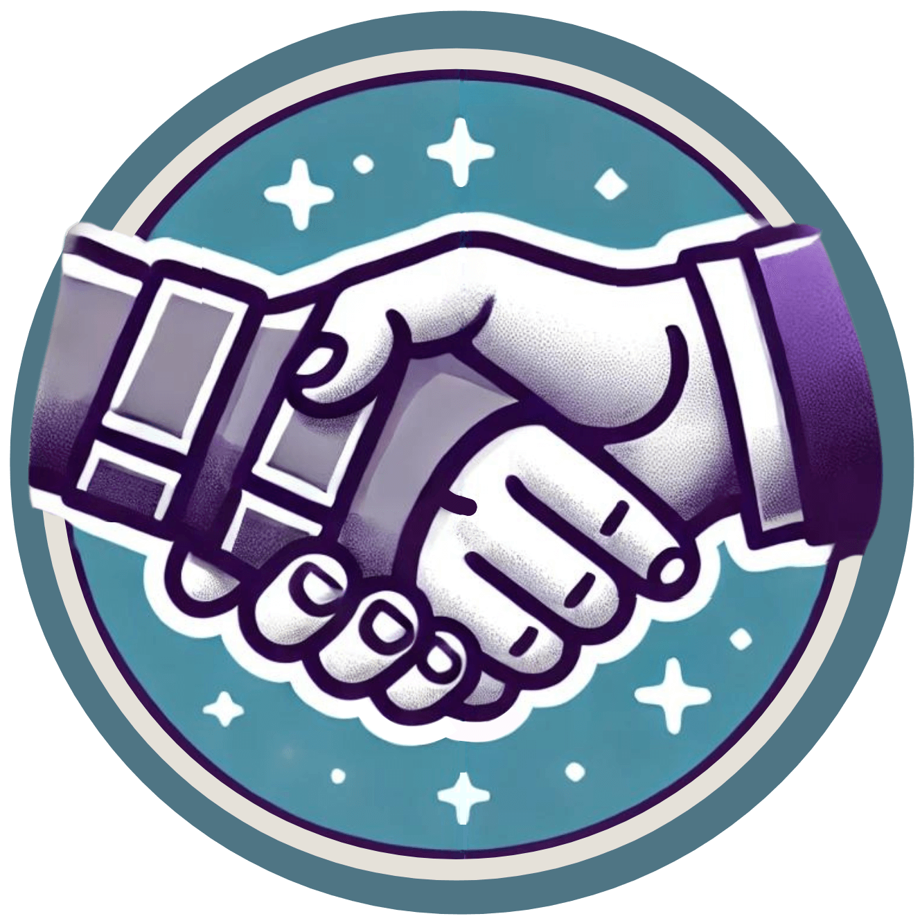Circular branded icon of two people shaking hands, with one person wearing a hand brace.